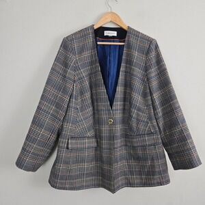 Calvin Klein Blazer Womens 18W Multicolor Plaid Long Sleeve‎ One Button Career